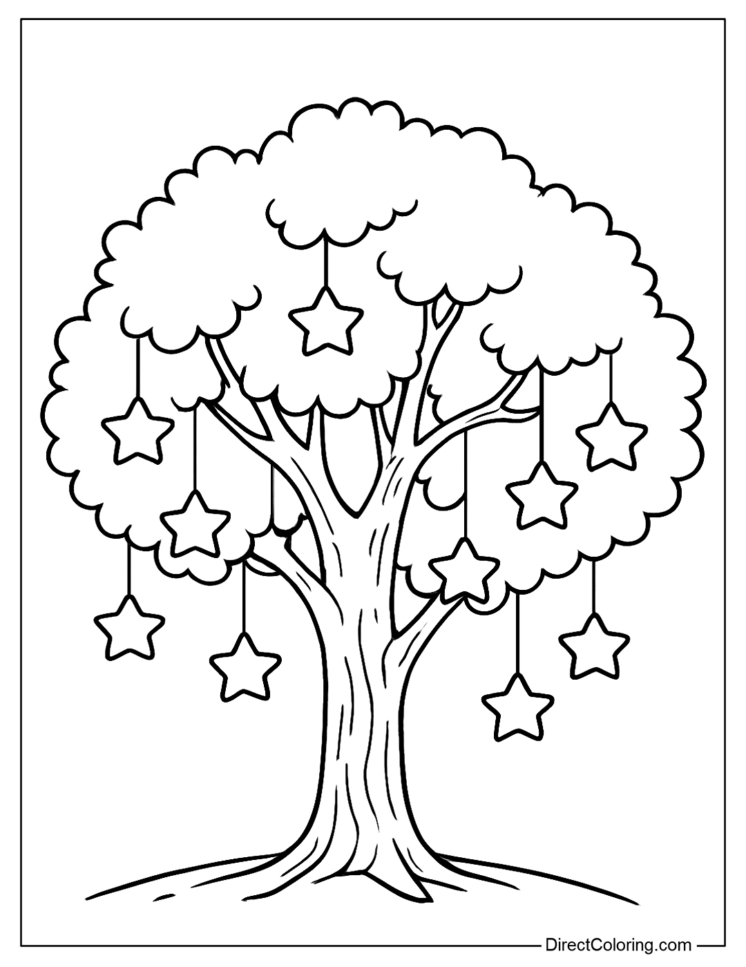 Ancient tree coloring page with small stars hanging like ripe fruit
